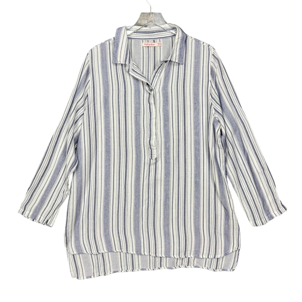 Fresh Produce Womens Top XL/XXL Blue Stripe Adjustable Length Tab Sleeve Popover